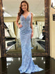 Mermaid Deep V Neck Backless Lilac Lace Beadings Prom Dress with Sweep Train