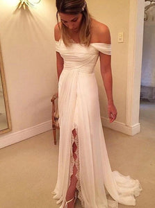 A Line Off the Shoulder Pleats Chiffon Wedding Dresses 