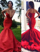 Red Mermaid Sweetheart Sleeveless Satin Prom Dresses with Sweep Train