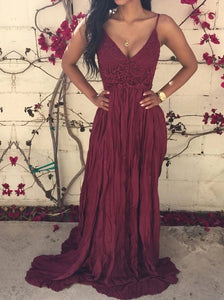 Dark Red V Neck Backless Lace Spaghetti Straps Prom Dresses with Sweep Train 