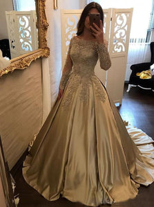 Ball Gown Scalloped Champagne Satin Prom Dresses with Lace Long Sleeves