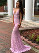 Mermaid Deep V Neck Backless Pink Lace Beadings Prom Dresses 
