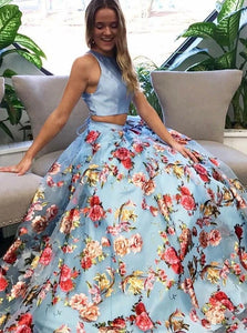 Romantic Two Piece Floral Blue Round Neck Open Back Satin Prom Dress