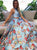Romantic Two Piece Floral Blue Round Neck Open Back Satin Prom Dress