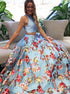 Two Piece Floral Blue Bateau Lace Up Back Satin Prom Dress LBQ0020