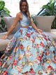 Romantic Two Piece Floral Blue Round Neck Open Back Satin Prom Dress