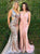Sexy Light Pink Sheath V Neck Sweep Train Ruffles Prom Dress with Split 