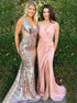 Light Pink Sheath V Neck Sweep Train Ruffles Prom Dress with Split LBQ0091