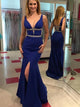 Royal Blue Deep V Neck Beading Slit Prom Dress