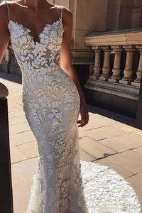 White Spaghetti Straps Lace Mermaid Backless Lace Bridal Wedding Dress OMD001