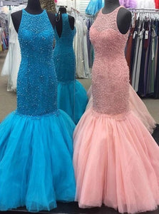 Pink Mermaid Scoop Sleeveless Beadings Criss Cross Prom Dresses