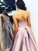 A Line Sweetheart Sweep Train Lilac Satin Prom Dresses with Appliques Split 