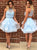 Cute Blue A Line High Neck Tulle Short Homecoming Dress with Beading