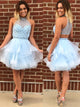 Cute Blue A Line High Neck Tulle Short Homecoming Dress with Beading