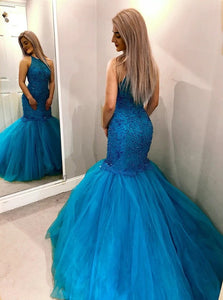 Blue Mermaid Scoop Sleeveless Beadings Criss Cross Floor Length Prom Dresses
