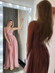 A Line V Neck Sleeves Pink Satin Prom Dresses with Slit