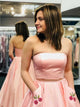 Two Piece Pink Strapless Satin Evening Dress with Pockets Appliques
