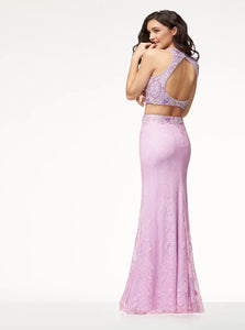 Two Piece Mermaid Open Back Lace Prom Dresses With Beadings