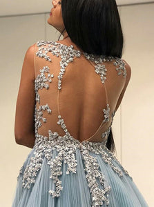 Sexy Scoop Sky Blue Open Back Floor Length Prom Dress with Appliques