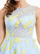 A Line Scoop Tulle Embroidery Blue and Yellow Prom Dresses With Floor Length