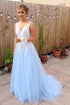 Fresh Blue Chiffon A line V Neck V Back Prom Dresses MOS21