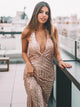 Rose Gold Sheath Backless Sequined Prom Dress with Side Slit