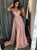 A Line V Neck Sleeves Pink Satin Sweep Train Prom Dress with Slit