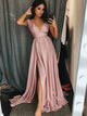 A Line V Neck Sleeves Pink Satin Sweep Train Prom Dress with Slit