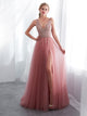 Graceful Tulle Beaded Prom Dress with Side Slit 