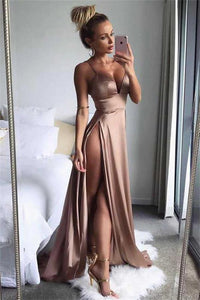 Sexy V Neck Brown Satin Prom Dresses with Slit 