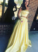 Yellow Two Piece Strapless Satin Prom Dress with Pockets Appliques