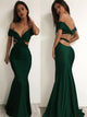 Green Mermaid Off the Shoulder Backless Satin Prom Dresses with Floor Length