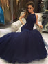 Navy Blue Mermaid Scoop Sleeveless Beadings Criss Cross Prom Dresses LBQ0104