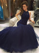 Navy Blue Mermaid Scoop Sleeveless Beadings Criss Cross Spandex Prom Dresses