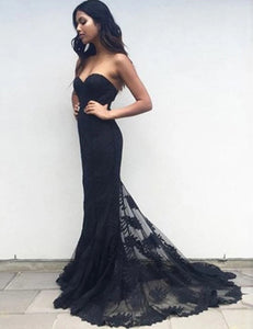 Sexy Mermaid Sweetheart Black Lace Prom Dress with Sweep Train