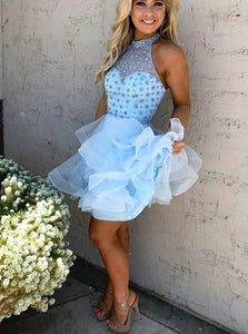 Blue A Line High Neck Tulle Mini Homecoming Dress with Beading