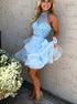 Blue A Line High Neck Tulle Mini Homecoming Dress with Beading LBQH0020
