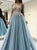 Scoop Sky Blue Open Back Prom Dresses with Appliques