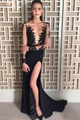 Sexy Deep V-Neck Long Sleeve Black Beading Split Evening Prom Dress GJS617
