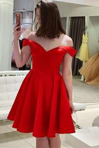 Off the Shoulder Red Satin Short Prom Homecoming Dress GJS710