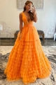 V Neck Open Back Layered Orange Tulle Long Prom Dress GJS695