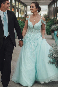 Off Shoulder Mint Green Lace Tulle Long Prom Dress GJS704