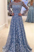 Long Sleeve Blue Lace A-Line Open Back Cocktail Evening Party Prom Dresses GJS424