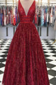 Sparkly Ball Gown V Neck  Burgundy Sequins Long Prom Evening Dresses GJS178