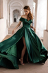 Off Shoulder Dark Green Satin Long Prom Dress with High Slit GJS692