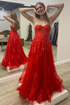 Strapless Red Tulle Long Prom Dress with Lace Appliques ZXS706