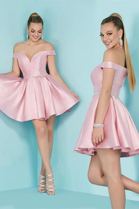 Pink Satin Off the Shoulder Short Prom Homecoming Dress with Belt GJS687