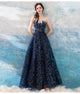 Fancy Blue A Line Sleeveless Open Back Long Prom Evening Dress ZXS481