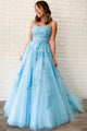 A Line Sky Blue Lace Backless Long Prom Dresses, Party Formal Dresses ADJ002