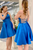 Open Back V Neck Blue Satin Short Prom Homecoming Formal Graduation Evening Dress GJS684